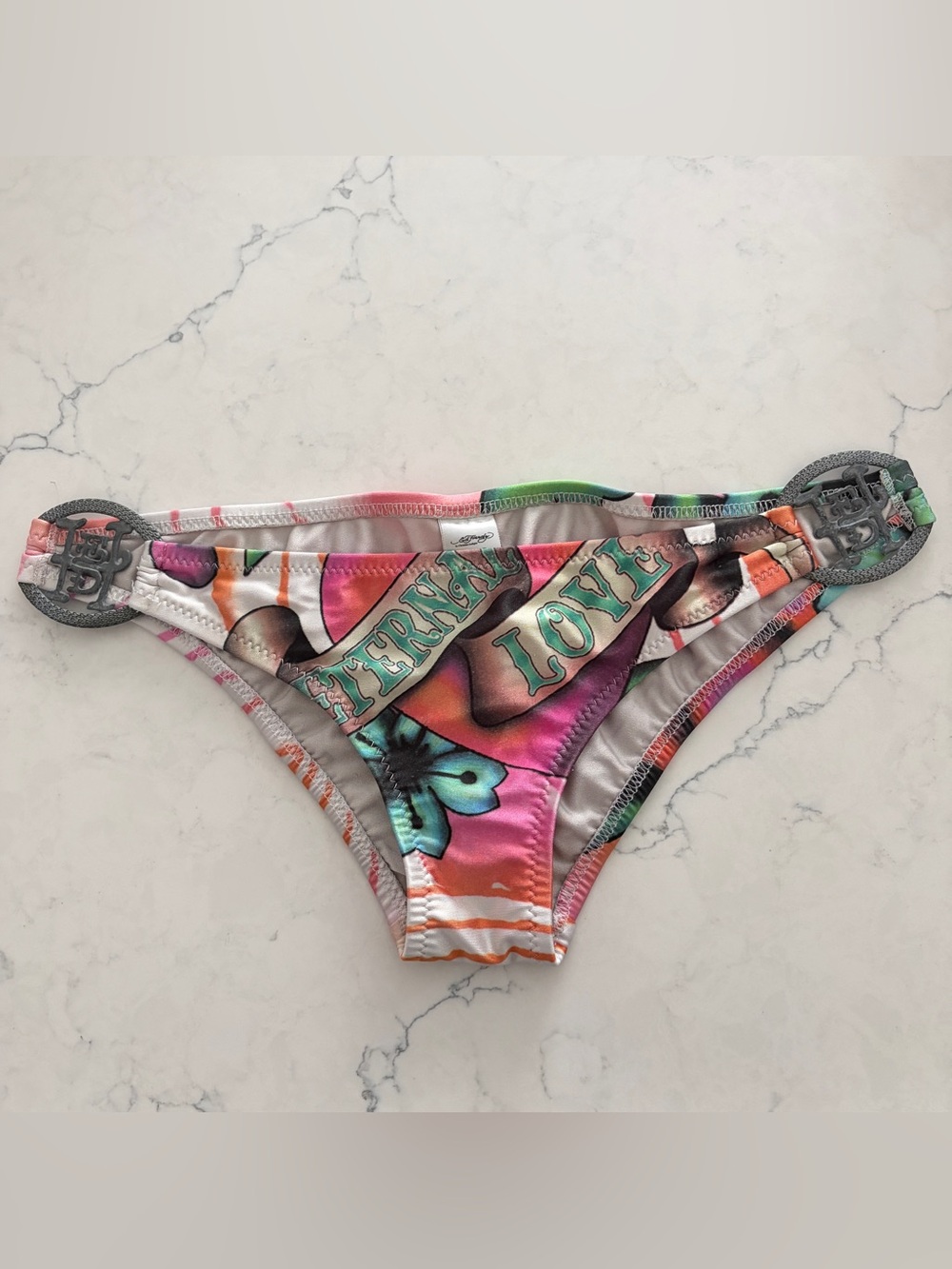 Y2K EdHardy Christian Audigier Pink and Green Love Eternal Bikini Bottoms
